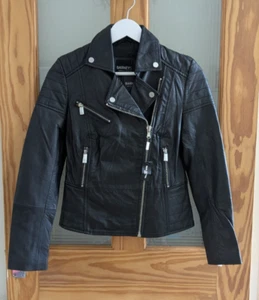 NEW, COST £170, BARNEYS DESIGNER BLACK LEATHER BIKER JACKET UK SIZE 8 - Picture 1 of 10