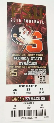 2015 Florida State Seminoles Syracuse Orange Football Ticket Stub Cover