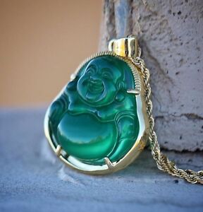 Green Jade Buddha Pendant Necklace Set 18k Gold Plated Hip Hop Jewelry