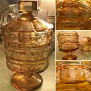 Antique 9” AMBER GLASS LIDDED POT EGERMANN MOSER STEP INTAGLIO CUT 2 CLEAR GRAPE - Picture 1 of 12