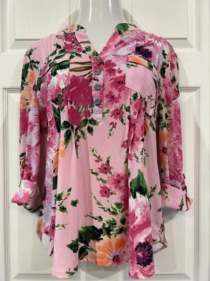 Coral Bay Pink Floral Textured Stretch Knit Top Blouse Tunic Women's Petite XL - Image 1 of 4