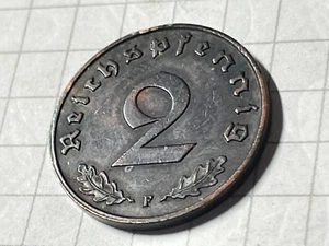 GERMAN WW2 2 Reichspfennig 1936 F SWASTIKA ( Copper ) Rare !!!!! - Picture 1 of 3