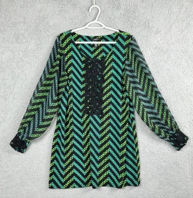 Alfani sheath dress womens medium black green geometric zig zag crochet trim mid - Image 1 of 4