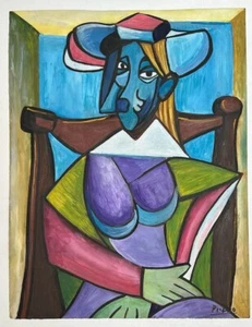 Pablo Picasso (Handmade) Oil Drawing On old Paper Signed & Stamped, Vtg Art - Picture 1 of 4