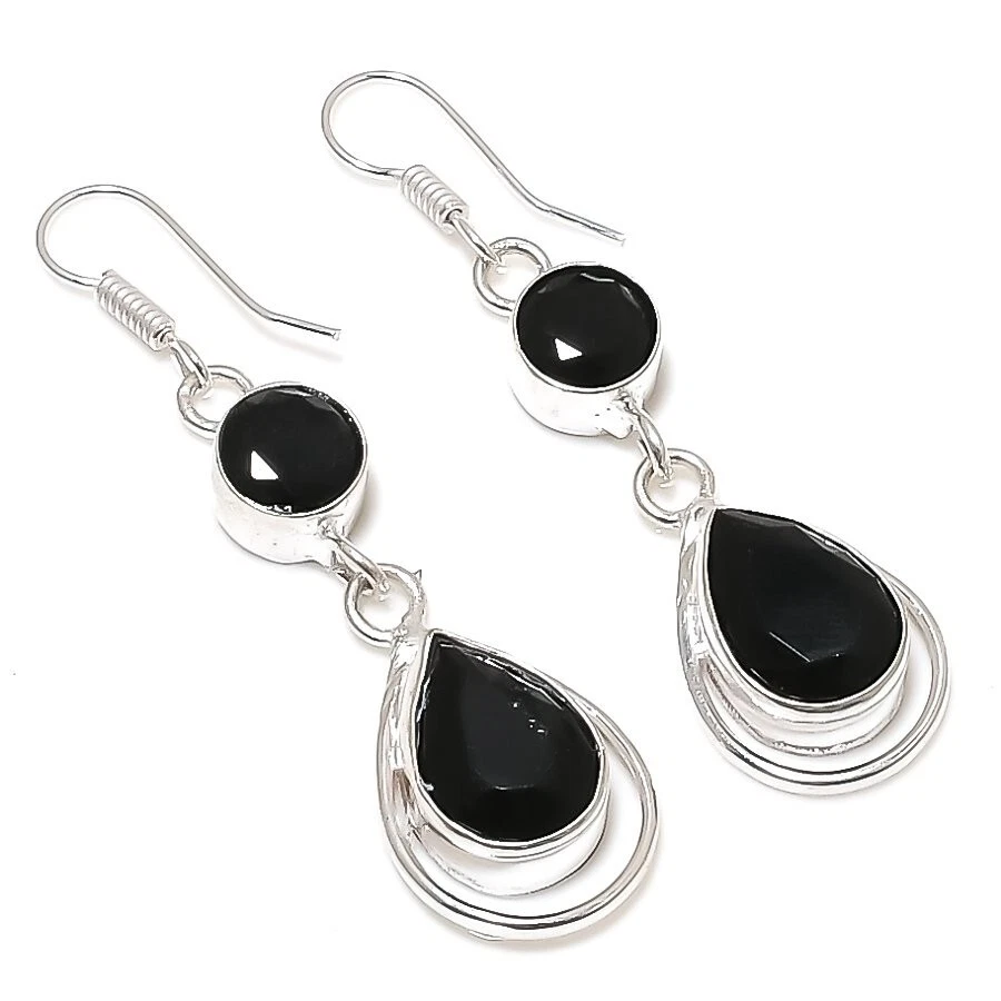 Black Spinel Gemstone Handmade 925 Sterling Silver Jewelry Earring Sz 1.90" - Image 1 of 1