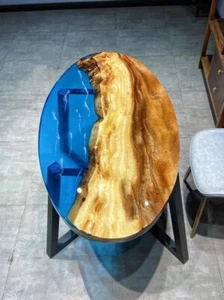 36"x24" Oval Blue Epoxy Resin Dining Table Natural Wooden Live Edge Home Decors - Picture 1 of 8