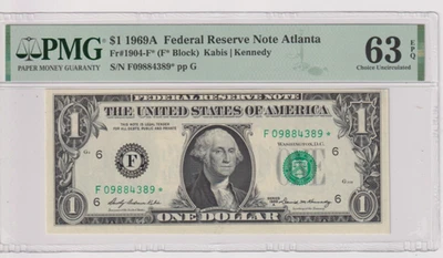 **UNDER COST *STAR** Fr 1904-F* 1969A $1 FRN F09884389* PMG 63EPQ ATLANTA 1969-A - Image 1 of 2