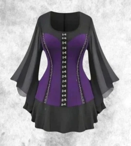 New Black/Purple Gothic Buckle Front Flared Wide Sleeve Blouse size 2XL 20 22 24 - Picture 1 of 5