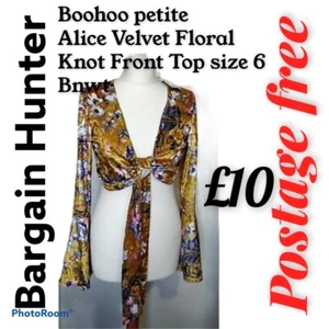 Boohoo petite Alice Velvet Floral Knot Front Top size 6 Bnwt - Picture 1 of 3