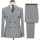 Men Plaid Double-Breasted Peak Collar Check Tuxedo Blazer Pants 42R+44R+46R