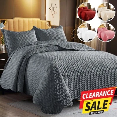 3 Piece Quilted Bedspread Bed Throw Single Double King Size Embossed Bedding Set - Image 1 of 4