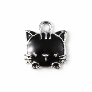10 Pretty Cute Black Cat Face Shaped Silver Tone Charms with Enamel Detail - Picture 1 of 1