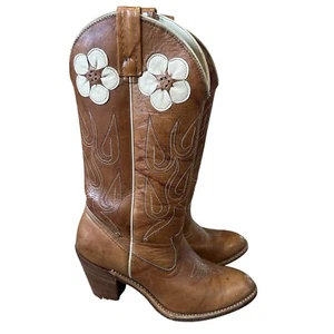 Vtg Acme Daisy Floral Inlay Cowgirl Boots Brown Leather Womens Sz 6.5M USA Made - Picture 1 of 13