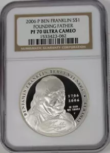 2006-P Ben Franklin Founding Father Commemorative Silver Dollar : NGC PF70UCAM - Picture 1 of 2