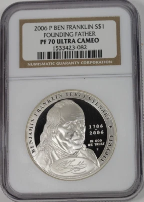 2006-P Ben Franklin Founding Father Commemorative Silver Dollar : NGC PF70UCAM - Image 1 of 2