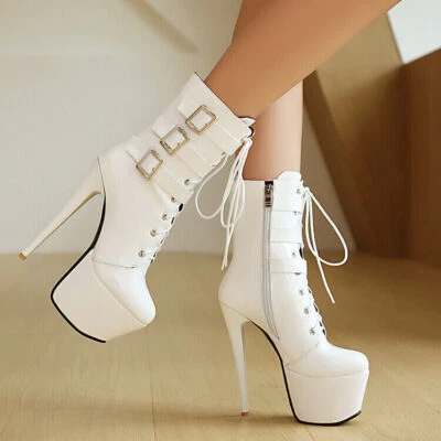 Moda Feminina Botas Plataforma Tornozelo Cadarço Salto Alto Stiletto Botas Brilhantes Sexy - Imagem 1 de 4