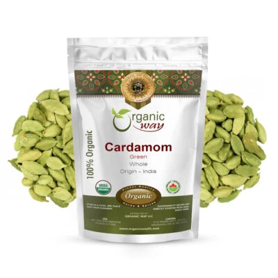 Organic Way Cardamom Whole Pods, Hari Elaichi - Organic, Kosher & USDA Certified