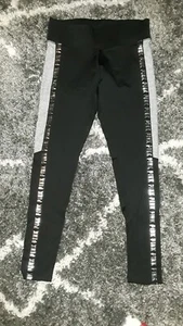 Vs pink fleece lined leggings new xs black/heathered grey colorblock logo - Picture 1 of 5