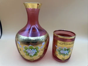 Bohemian Cranberry Tumble Dresser Pitcher Carafe Cup Glass Painted Vintage - Picture 1 of 12