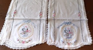 2 Dresser Scarf Runners Hand Embroidered Girl w/Flowers  - Picture 1 of 5