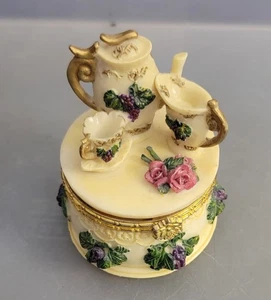 Tea Party Set Trinket Box With Flowers Hindged Lid - Picture 1 of 7