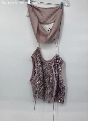 Camiseta sin mangas pulóver de lentejuelas con cuello redondo rosa sin mangas de Zara para mujer talla mediana Foto 1 de 4