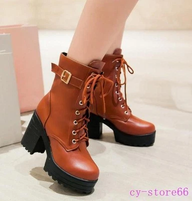 Women's Platform Military Mid Calf Ankle Boots Lace Up Chunky Heels Knight Shoes - Image 1 of 4