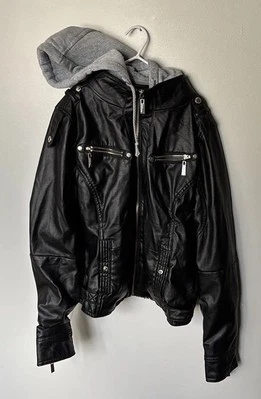 Faux Leather Hooded Bomber Style Jacket - Image 1 of 4