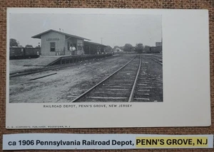 ca 1906 Pennsylvania Railroad Depot, PENN'S GROVE, NEW JERSEY POSTCARD LITHO B&W - Picture 1 of 2