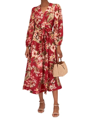 Zimmermann Lexi Floral Long Sleeve Linen Midi Wrap Dress Red Palm Size 2 / US 8 - Image 1 of 4