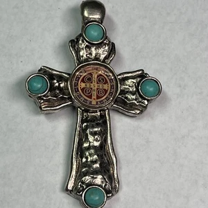 Vintage Silver Tone Turquoise Color Beads Cross Pendant Native American Inspired - Picture 1 of 8