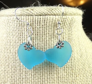 HEARTS puffed Cultured Sea glass Beach Glass AQUA BLUE Handmade custom earrings - Picture 1 of 4