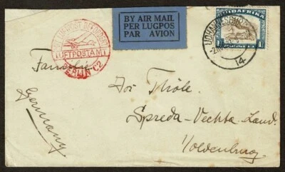 SG28 SUDAFRICA 1933 Cubierta de correo aéreo a Alemania 1/ adjunto, ¡cachet alemán rojo! Foto 1 de 2