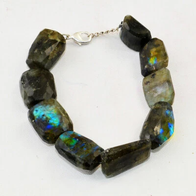 365.00 Cts Natural 8" Blue Flash Labradorite Faceted Beads Bracelet NK 73E36 - Image 1 of 2