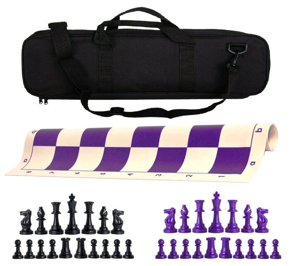 Juego de ajedrez de triple peso de lujo - Piezas y bolsa de tablero de vinilo - Negro púrpura Foto 1 de 4