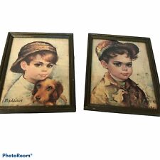 Pair of Vintage MEDEIROS Big Eye Boy W/ Dog & Duck pictures in wood frames
