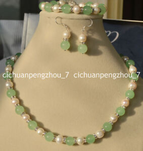 10mm Light Green Jade & 9-10mm Genuine White Cultured Pearl Necklace Earring Set