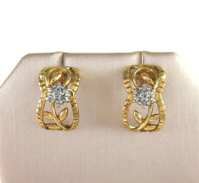 .925 Sterling Silver Diamond Earrings Yellow Gold Plated Floral Rose Cluster - Image 1 of 2