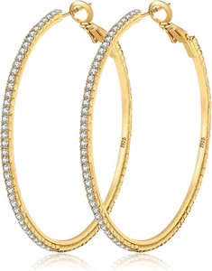 925 Sterling Silver Earrings Large Rhinestone Hoop Earrings Big Cubic Zirconia H - Picture 1 of 8