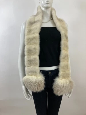 NUEVO SIN ETIQUETAS - Hermosa bufanda extra larga de piel de visón cruzado rubio con ribete de zorro - Nuevo forro Foto 1 de 4