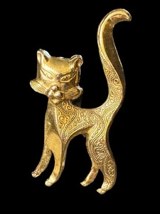 Damascene Gold tone Cat Brooch Signed Spain - Picture 1 of 5