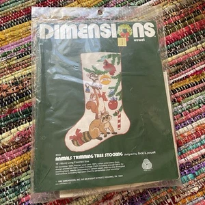 Vtg Dimensions Crewel Stitch Christmas Stocking Kit- Animals Trimming Tree 8022 - Picture 1 of 4