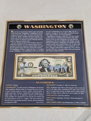 History of Washington ~ Enhanced Colorized GENUINE $2 Two Dollar Bill - Image 1 of 2
