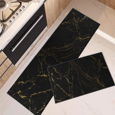 Kitchen Mats Non Skid Washable Set of 2, Marble Black Abstract Runner Rug, Ma... - Image 1 of 4