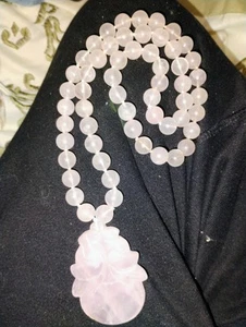 Vintage Rose Quartz Pendant Necklace Chinese Hand Knotted Beaded w/ Carved Lotus - Picture 1 of 4