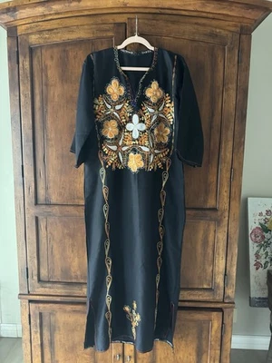 Vintage Black Kaftan With Orange & White Embroidery OS - Image 1 of 4