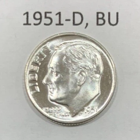 1951 D Roosevelt Dime BU ~ 90% Silver ~ Uncirculated U.S. Coin from Roll ~ D2151 Cover
