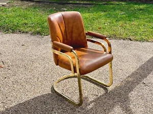 Vintage 1980s Brass and Brown Vinyl Cantilever Accent Chair by Chromcraft - Picture 1 of 10
