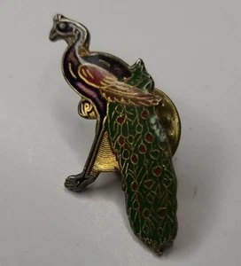 Vtg Peacock Pin Pinback Hat Lapel Gold Enamel Bird Green Red Purple Paradise - Picture 1 of 4