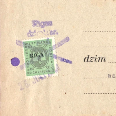 1944 ALEMANHA LETÔNIA 60 R. SOBREIMPRESSÃO RIGA SELO DE RECEITA E DOCUMENTO USADO 9988 - Imagem 1 de 3